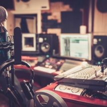 Close-up of boutique recording studio control desk.