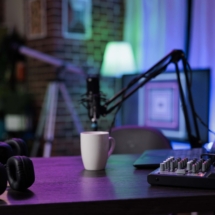 Empty living room prepared to record online podcast show