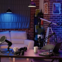 Nobody in podcast production studio with professional microphone and headphones for streaming interview